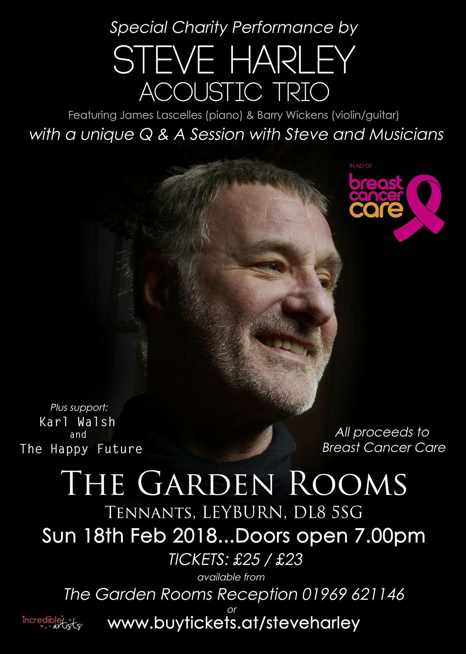 February 18th 2018 – Special Charity Performance by the Acoustic Trio, Leyburn, N. Yorks, in aid of Breast Cancer Care