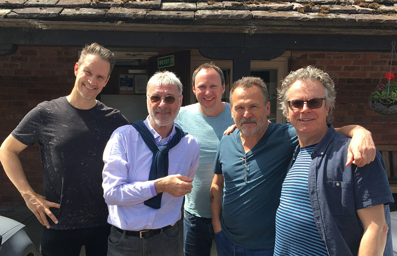 July 2019 – L-R Thomas Hooper, SH, Oli Hayhurst, Martin Simpson, Barry Wickens, during a break from recording at Rockfield Studios